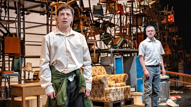 Lucas Button as Billy and Jack Lord as Man in Kes. Photography by Anthony Robling