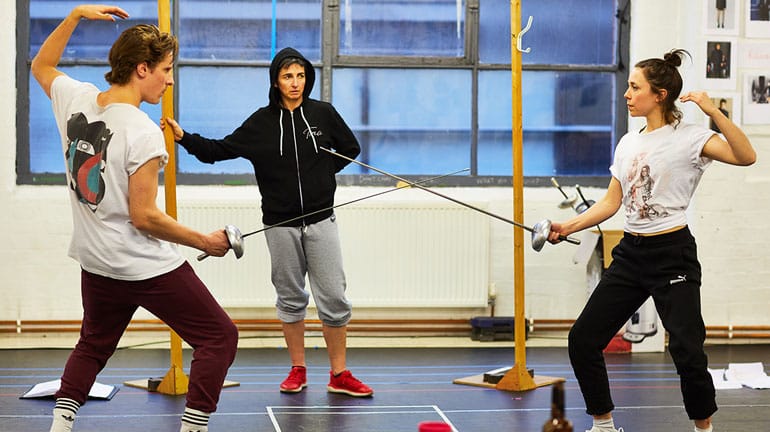 Dan Parr and Tessa Parr with Fight Director Kate Waters in rehearsals for Hamlet. Credit David Lindsay
