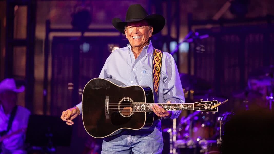 George Strait on stage at Kyle Field in College Station, Texas on Saturday, June 15, 2024