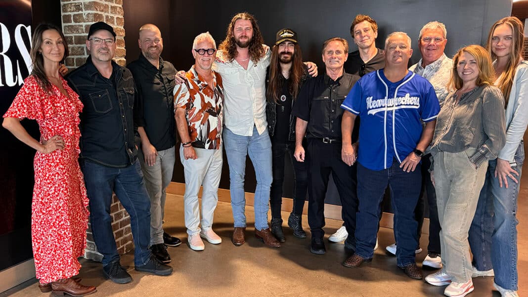 Jackie Martinez Marushka, Marushka Media; James Stewart, EM.Co; Matt Cottingham, Partner, Lewis Brisbois; Scott Siman, President, EM.Co; Brock Butler and Ryan Garrett, Heartwreckers; Joe Carter, Carter & Company; Keith Lazorchak, Hard 8 Working Group; Mike Taliaferro, Taliaferro Entertainment; Chris Oglesby, VP, Publishing, BMG Nashville; Amy Scott, Director, Artists & Repertoire, BMG Nashville; and Camryn Clark, Manager, Artists & Repertoire, BMG Nashville