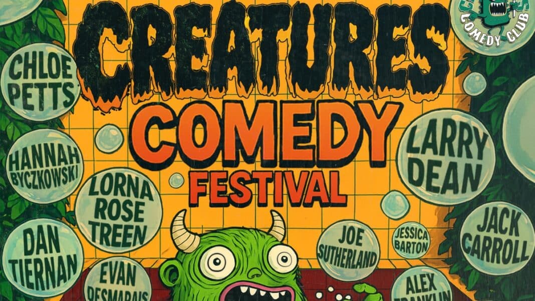 Illustration shows a green creature surrounded by bubbles, each bubble contains acts names performing in Creatures Comedy Festival in July 2025 including Chloe Petts and Huge Davies
